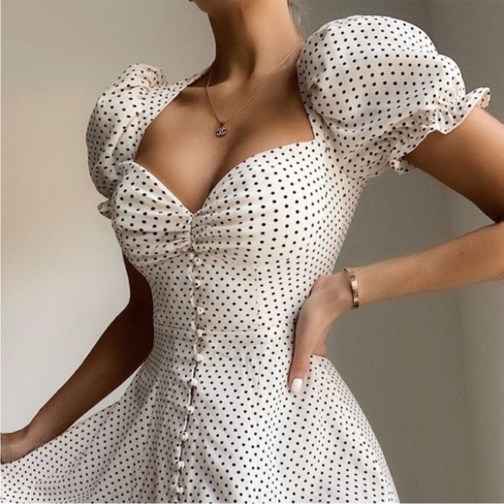 RARE HOUSE OF CB 'Ellery' Polka Dot Puff Sleeve Midi Sundress NWOT - Picture 3 of 11